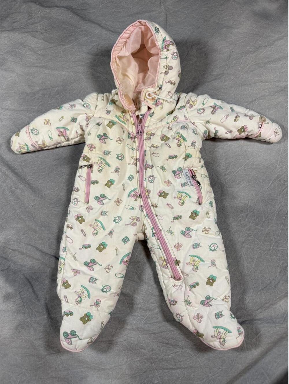 Vintage 80s Bonjour Baby Snowsuit 3-6M Pastel Nursery Print Made in Korea